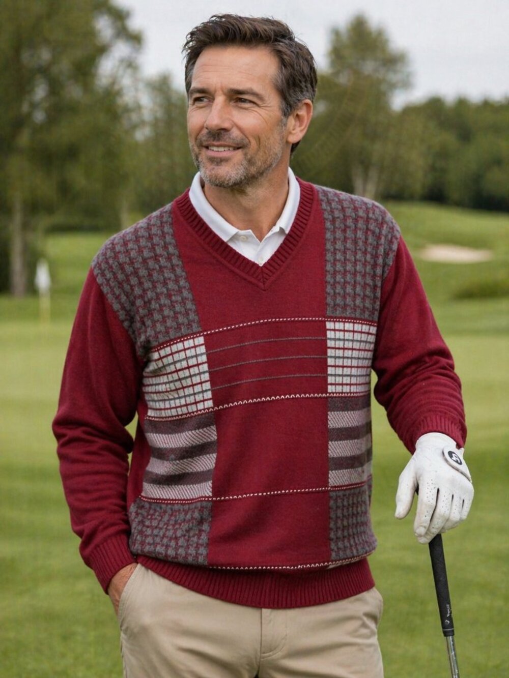 Arnold Palmer Men's Knit V-Neck Pullover Sweater Patterned Size Large Red Grey